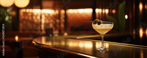 A close-up of a classic vodka martini garnished with green olives, served in an elegant cocktail glass on a sleek bar counter with warm ambient lighting.

