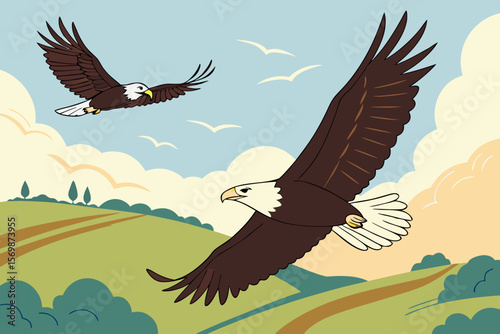 Two bald eagles soaring over green hills bird flying