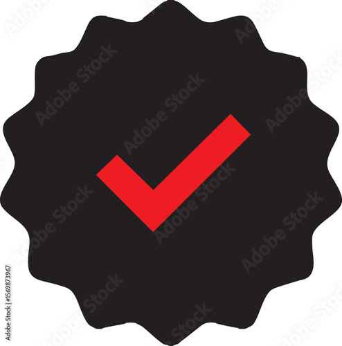 Verified success: A bold red checkmark against a stark black seal, signifying validation, completion, and quality.

