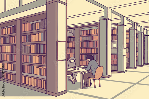 Two people studying at a table in a library with bookshelves
