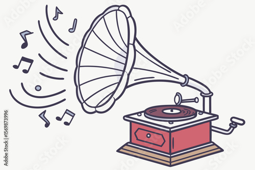 Vintage gramophone playing music with notes sound record player