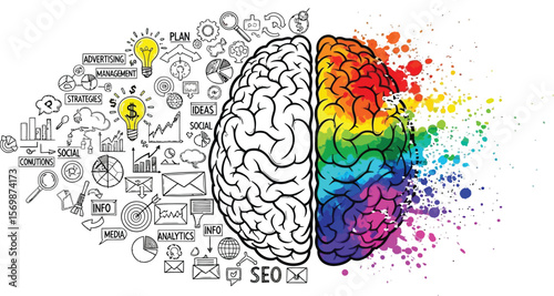 Brain creativity and logic illustration for creative thinking and seo ideas