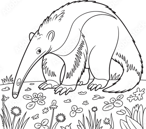 Anteater foraging among plants and flowers animal