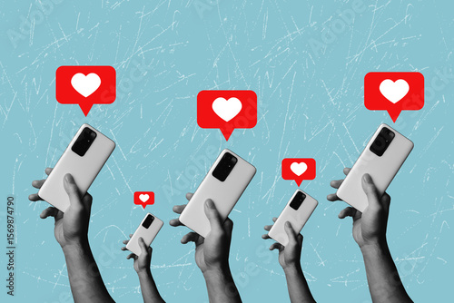 Contemporary art collage on the theme of social networks. There is a notification about a LIKE on the phone. Promotion of a personal page in social networks	
