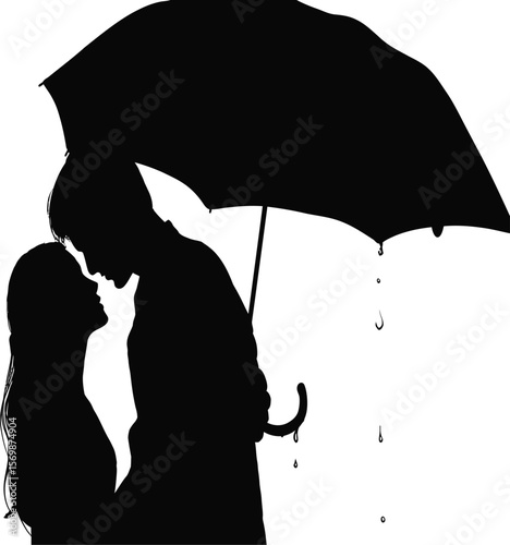A romantic couple under an umbrella embraces in this black and white design, perfect for Valentine's Day cards, wedding invitations, or love-themed prints.