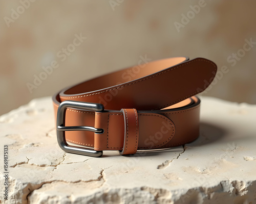Elegant tan leather belt with a polished metal buckle, displayed on a textured stone surface for a sophisticated presentation