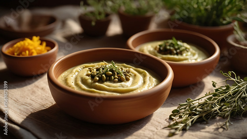 Fava Bean Purée with Chicory in Handcrafted Bowls – Puglia Plant-Based Dish
