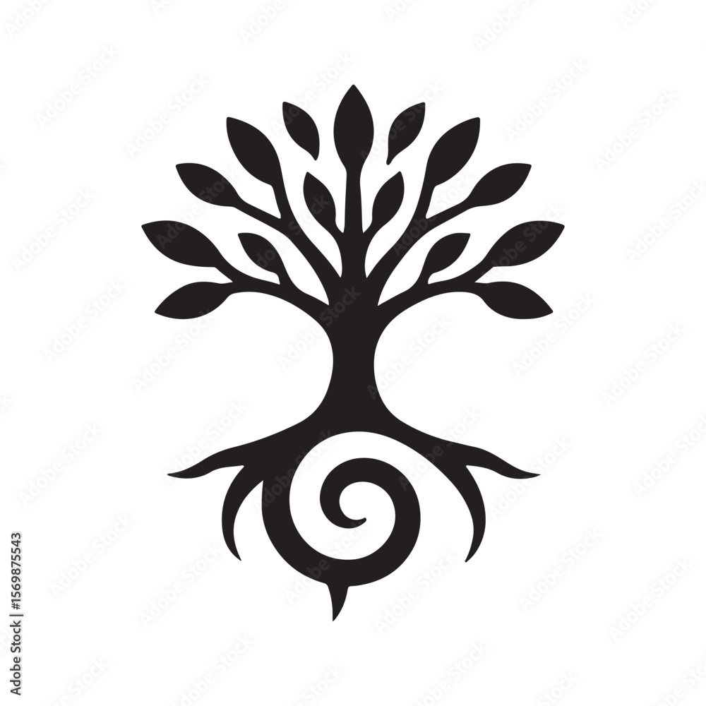Fototapeta premium A black silhouette of a tree with leaves and spiral roots on a white background in a simple design