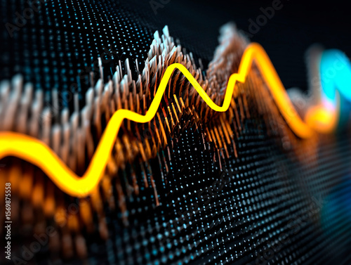 Glowing orange digital waveform over a dynamic 3D data grid with illuminated points, symbolizing technology, data analysis and modern visualization