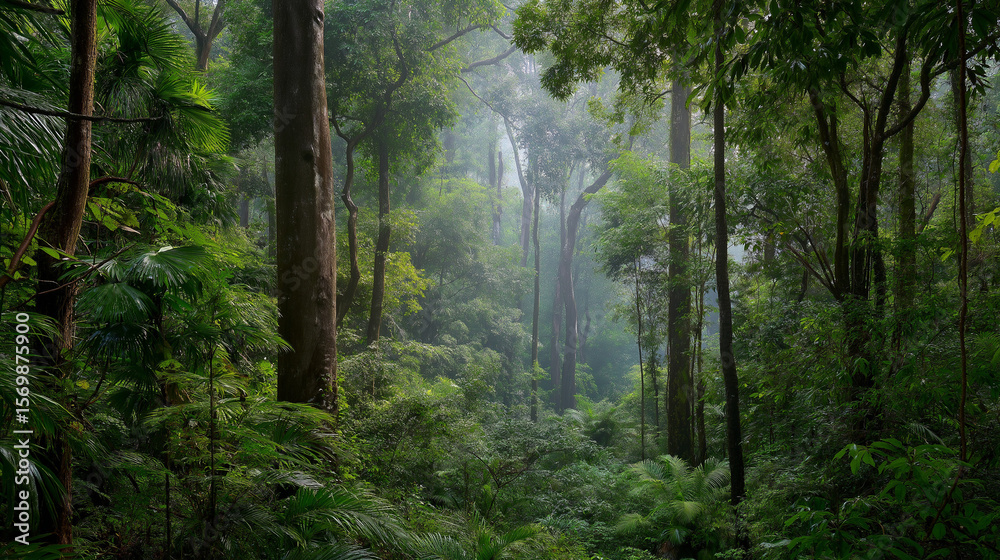 Obraz premium Lush tropical jungle in Southeast Asia during August. Dense green rainforest, exotic foliage, humid climate, and rich biodiversity. Perfect nature background and travel concept