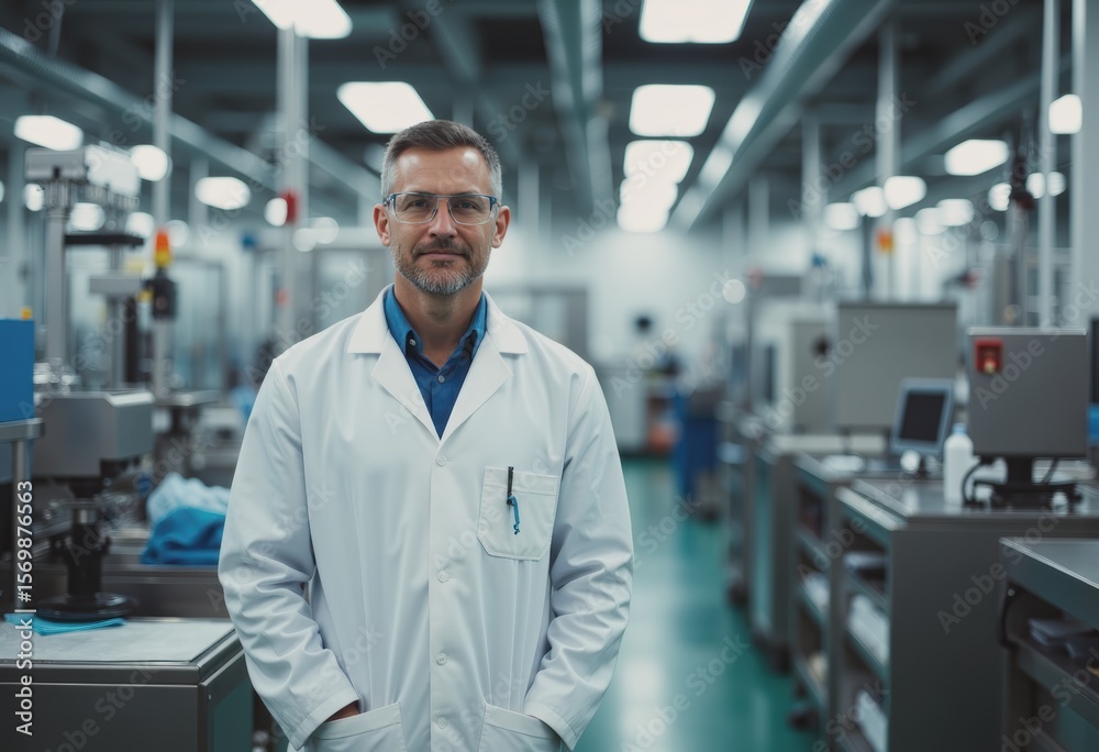 Fototapeta premium Pharma operator in a production line, ensuring quality and efficiency