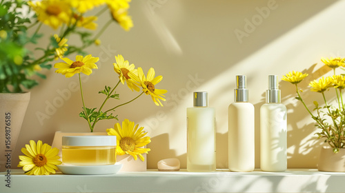 Yellow Flowers and Skincare Products on a Shelf ,wellness corner with flowers, warm tone skincare branding, self-care essentials with flowers.