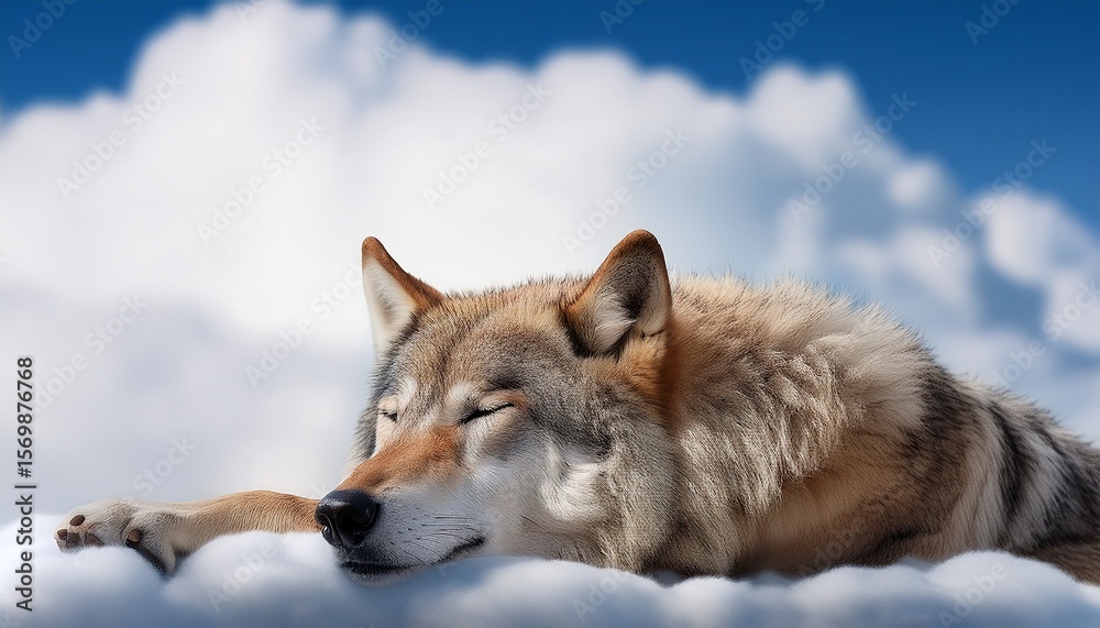 Fototapeta premium serene slumber a wolf rests peacefully atop a fluffy white cloudscape