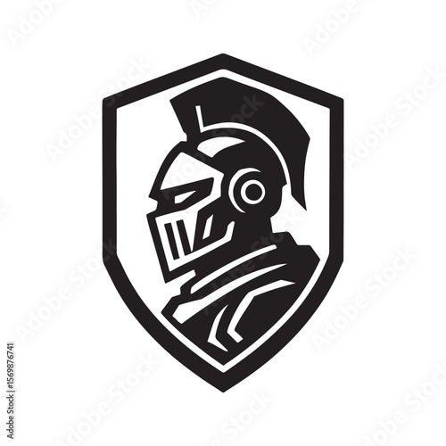 Black and white logo of a knight in armor inside a shield with a plume on top of the helmet
