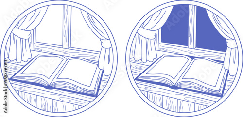 A simple illustration of an open book by a window, representing the idea that books are windows to knowledge.