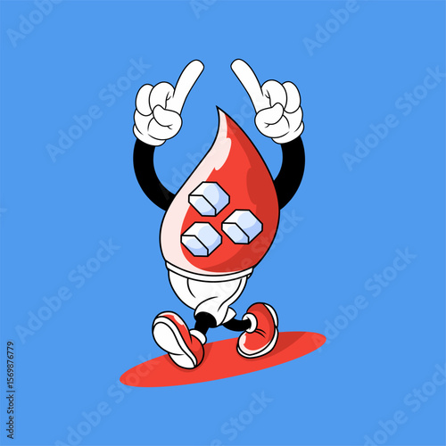 retro comic style illustration lively blood drop mascot with sugar cubes inside, conceptualizing blood sugar in a playful manner.