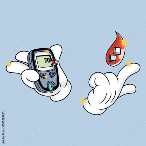 blood sugar testing, easily recognizable for health education or promotional materials. The visual connection between the glucometer and blood sugar is key.