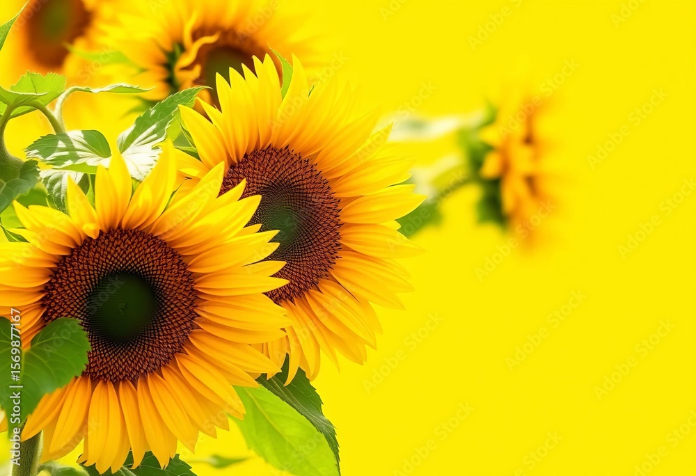 Fototapeta premium Vibrant sunflowers with lush leaves, bright yellow backdrop Harvest time, stem, element