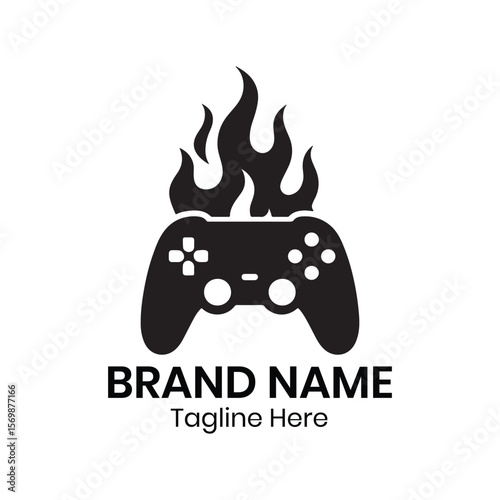 A black and white logo featuring a game controller with flames and brand name and tagline text below it