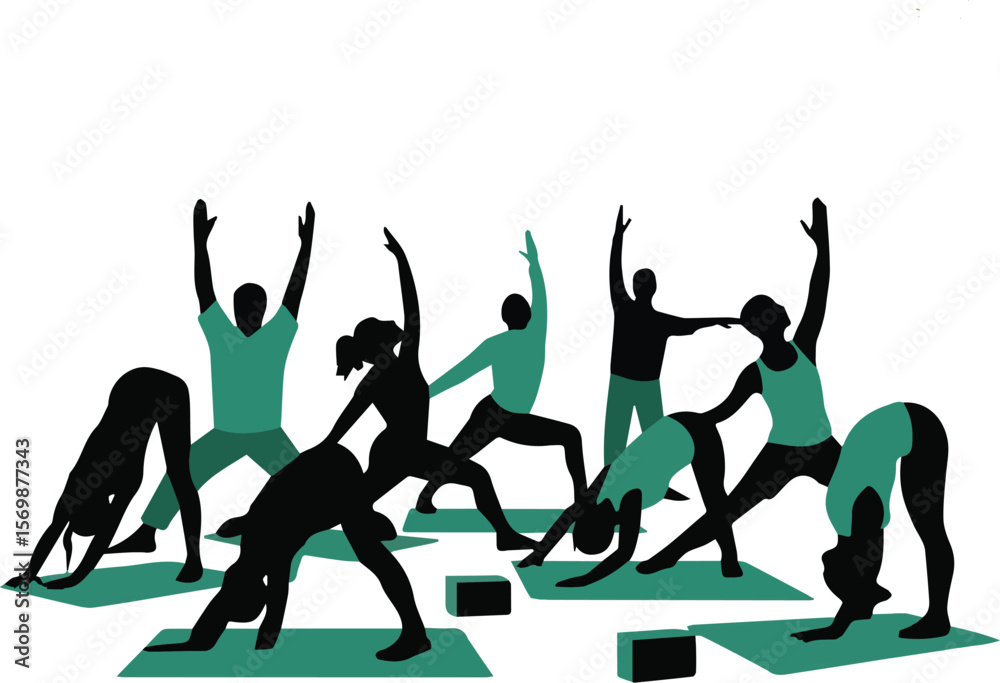 Fototapeta premium Group Yoga Class Silhouette – Fitness People Illustration with Green Highlight 