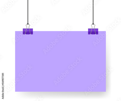 Purple sheet of paper, note hanging on binder clip. A4 format. Album orientation