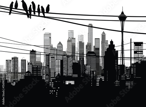 Seattle city skyline with birds on wire presents a clean and elegant modern skyline design for adaptable use and city themes.
