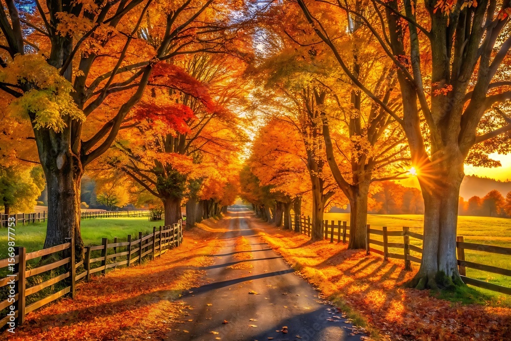 Fototapeta premium Autumnal Country Road: Golden Hour Sunlight Through Vibrant Fall Foliage, Rustic Fence