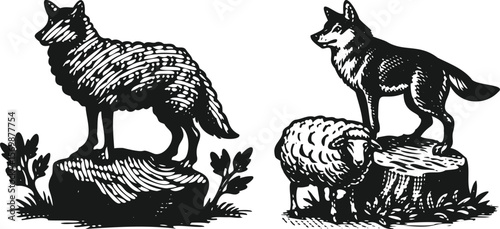 Heavy lined effect black vector bundle of a wolf pretending to be a sheep standing on a stone, animal disguise illustration, wildlife concept, bold graphic design, nature theme artwork