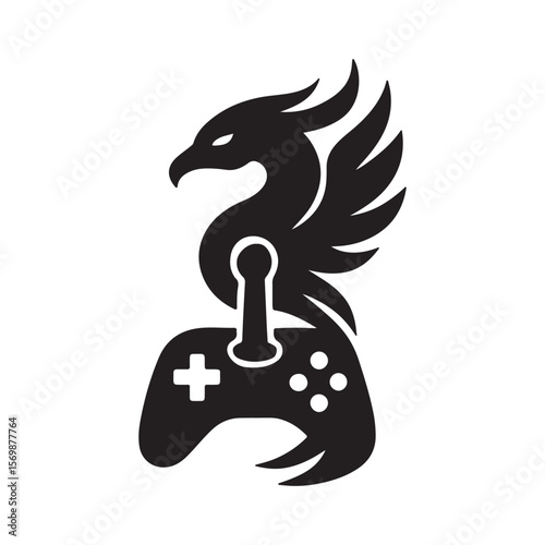 A black and white logo of a phoenix with wings above a game controller on a white background