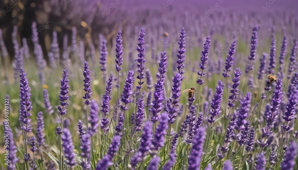 Naklejka premium Busy bees swarming vibrant purple lavender, beeswax accents , flowers, flora, light