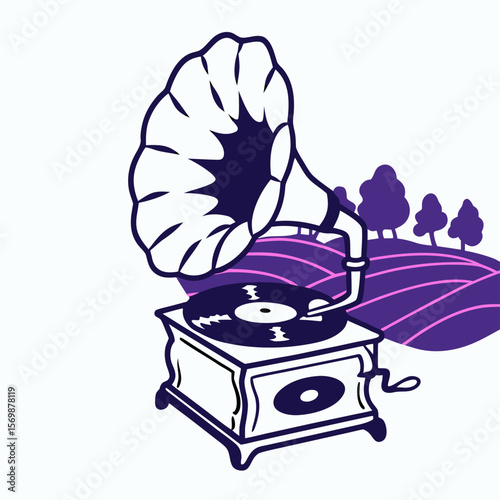 Vintage Gramophone in a Pastoral Landscape Illustration