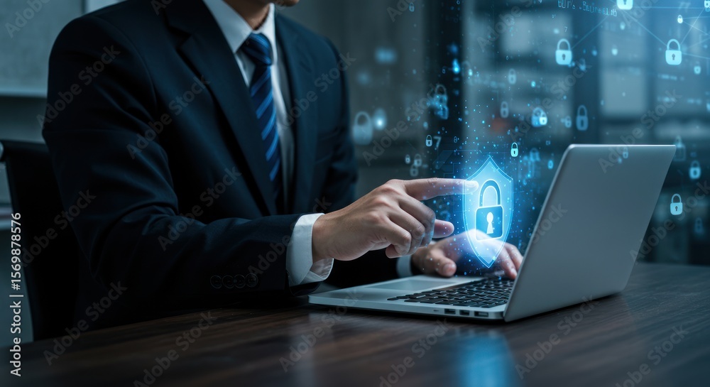 Man in suit using laptop with digital house icon and network symbols. Man in suit using laptop with digital house icon and network symbols.