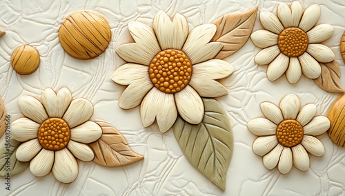 Close-up of texture with wood and floral design on white leather, with small wooden daisies on light brown and green leaves