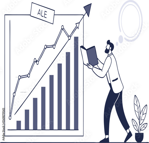 Man reading a book next to a bar graph showcasing sales growth with an upward trending arrow line
