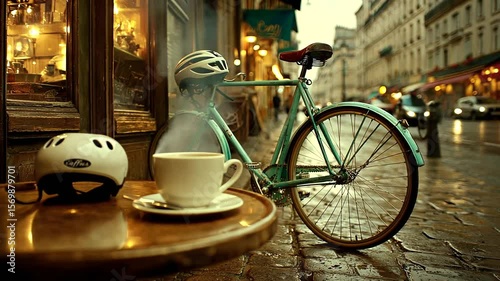 A serene café scene with a bicycle and steaming coffee on a rainy street in Paris