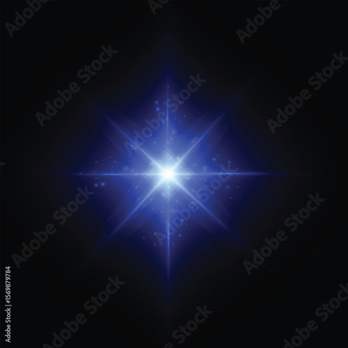 Bright blue light explosion with rays and halo. Glowing blue beam in the form of a flash with lens effect and glare on a black background.