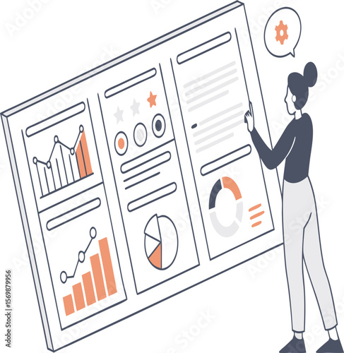 Woman interacting with a dashboard interface displaying various charts and data visualizations online now