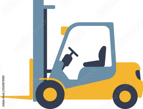 A yellow and gray forklift, side profile view, ready for warehouse work.