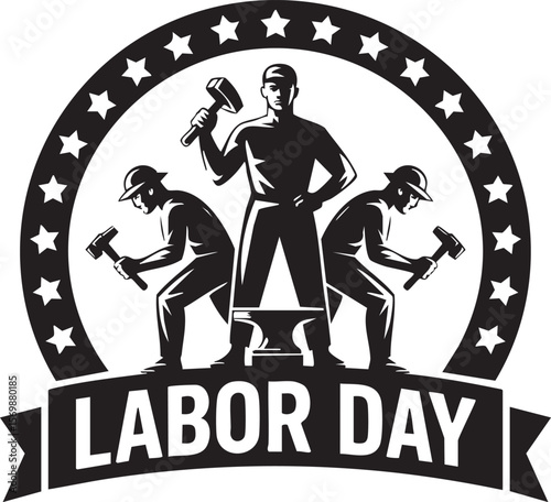 Labor day celebration with blacksmiths and hammers in black and white vector