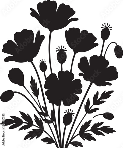 Black poppy flower vector silhouette illustration floral design element art