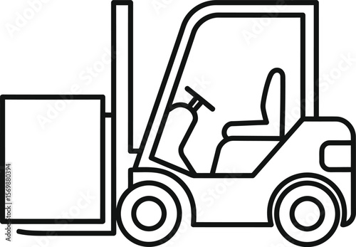 Simple line drawing of a forklift carrying a large box.