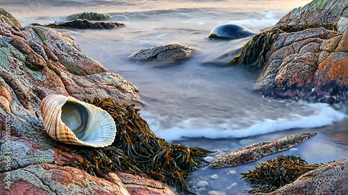A serene coastal scene featuring a large seashell amidst seaweed and rocky formations at dawn