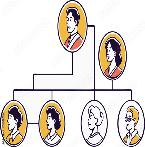 Family tree chart showing two parents connected to four children in a diagram format illustration