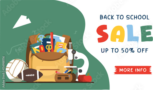 Back to school sale banner design with school supplies and equipment promotion up to fifty percent off