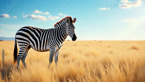 Elegant zebra standing on the savanna, bold stripes under a vibrant blue sky. Ideal for wildlife projects, African themes, or nature-inspired decor.