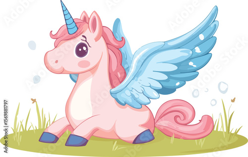 Cute Pink Unicorn with Blue Wings Sitting on Green Grass Illustration