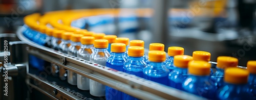 Blue Liquid Bottles Moving on a Conveyor Belt in a Manufacturing Facility, Close-up view of numerous small, clear plastic bottles filled with a vibrant blue liquid, lined up on a conveyor belt within 