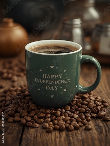  A green ceramic coffee mug with 