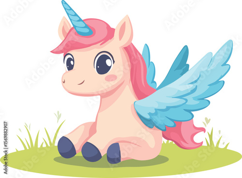 Cute Cartoon Unicorn with Wings Sitting on Green Grass Illustration