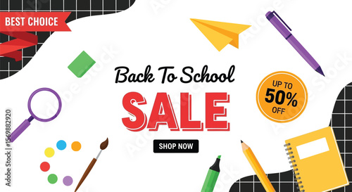 Back to school sale advertising banner with school supplies up to fifty percent off shop now vector design